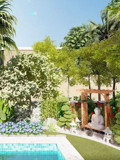 This render details a tranquil poolside corner with a Buddha statue nestled under a wooden pergola. The design includes tiered topiary, flowering shrubs, and bamboo to create a lush, Zen-inspired retreat.