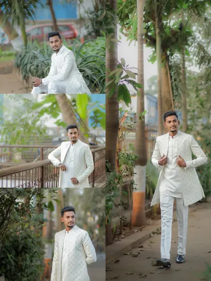 A series of outdoor portraits of the groom. These shots show him in various relaxed and confident poses, capturing his style on the engagement day.