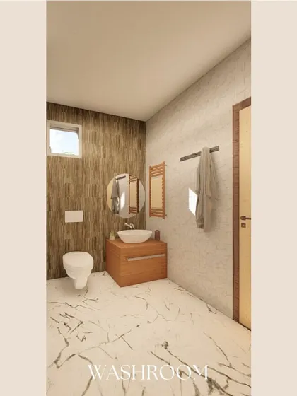 This washroom design combines a textured wood-look wall with marble-patterned flooring. The floating wooden vanity and simple, round mirror create a space that feels both rustic and modern.
