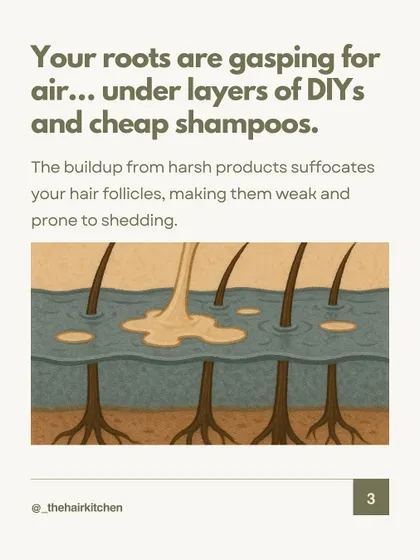 Your hair isn't falling out for no reason. This graphic illustrates how buildup from DIYs and cheap shampoos can suffocate hair follicles, making them weak. Healthy hair starts with a clean, breathing scalp.