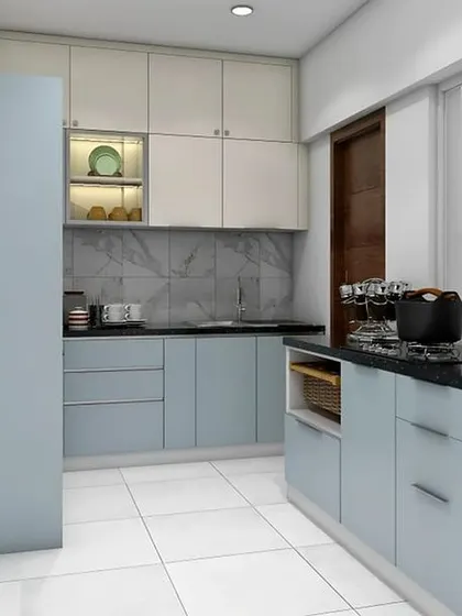 A duplicate image of the L-shaped kitchen, highlighting the two-tone cabinetry and marble-effect backsplash that adds a touch of elegance.