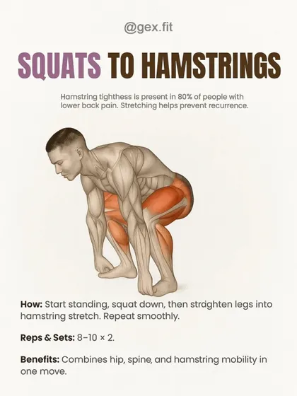 Lower back pain is linked to hamstring tightness in about 80% of cases. This dynamic "Squats to Hamstrings" stretch combines hip, spine, and hamstring mobility into one fluid movement to help prevent pain and improve overall flexibility.