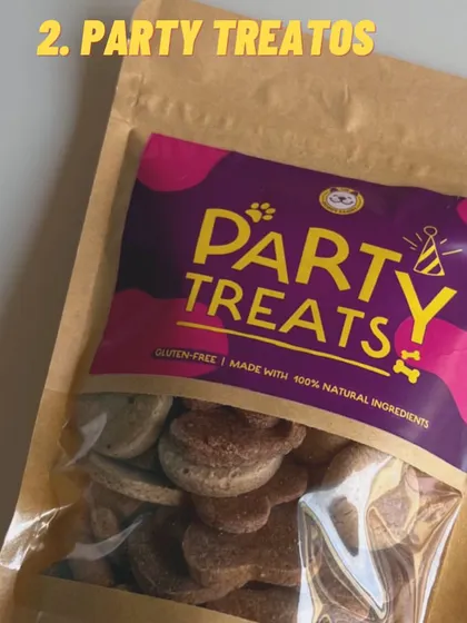 Our Party Treats are the perfect addition to any celebration. These gluten-free, all-natural biscuits are great as party favors or just for spoiling the birthday pup and their friends.