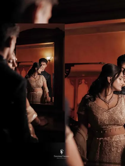 A collage showing the couple and their reflection in a mirror, creating a romantic and intimate scene.