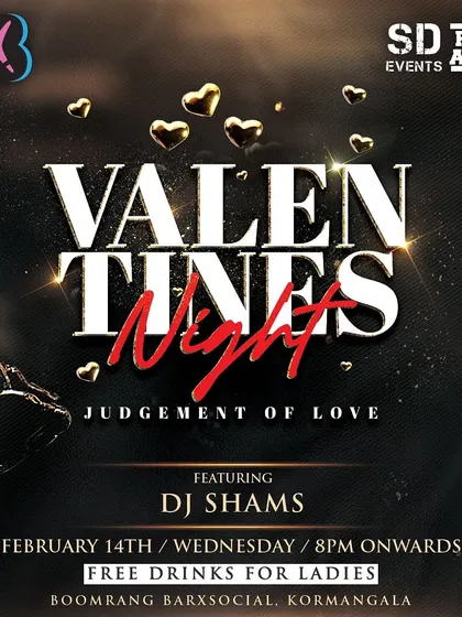The poster for 'Judgment of Love', the Valentine's Night party at Boomrang Koramangala. It was a night for romance and dancing.