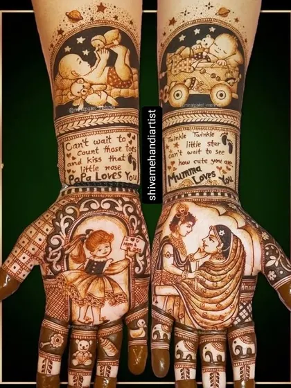 A special maternity mehendi design created for a baby shower. It captures the joy of expecting with tender illustrations of a mother and baby, personal messages from the parents-to-be, and cute motifs like a baby in a pram.