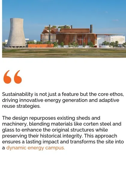 A quote overlay on a render of the Patna Power Museum, explaining our design ethos for the project. We repurposed existing structures with modern materials like corten steel and glass to preserve historical integrity while creating a new landmark.