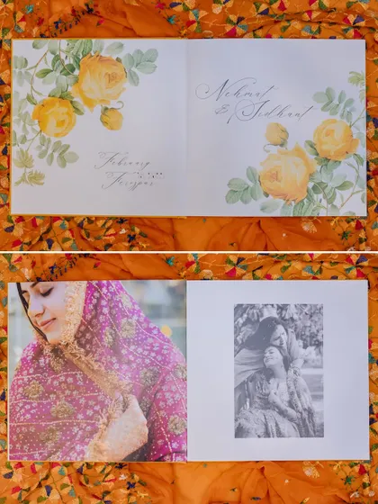 A look inside a bespoke wedding album, with custom calligraphy and floral illustrations gracing the opening pages.