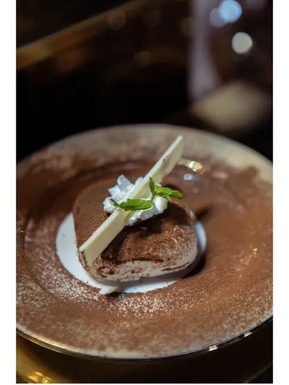 A classic Tiramisu, elegantly presented with a dusting of cocoa powder, a sprig of mint, and a white chocolate garnish. The ultimate indulgence.