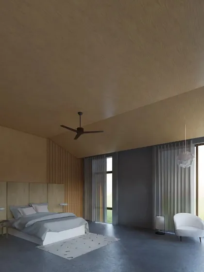 This bedroom concept for the Sanctuary Residence uses a minimalist palette of wood, concrete, and soft textiles. The design focuses on creating a serene atmosphere with large windows that open up to the tranquil Nandi Hills landscape.