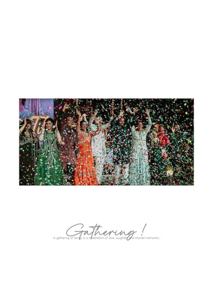 A beautiful shot of a group of women celebrating under a shower of confetti, with the word "Gathering!" overlaid.