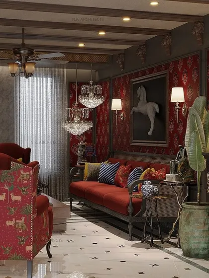 This living room is a perfect example of our "more is more" maximalist design philosophy. We've layered rich textures, bold red fabrics, and classic art pieces, including a statement console with ornate golden legs, to create an opulent space.