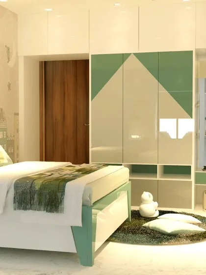 A closer look at the green-themed kids' room, showing the geometric wardrobe design and integrated shelving.