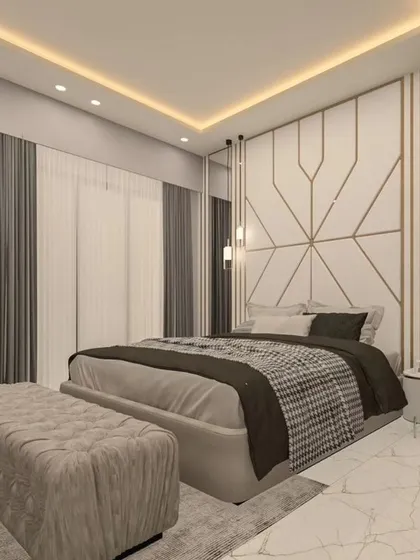 A 3D render of a bedroom with a geometric-patterned feature wall, mirrored panels, and a tufted bench. The design is modern, glamorous, and sophisticated.