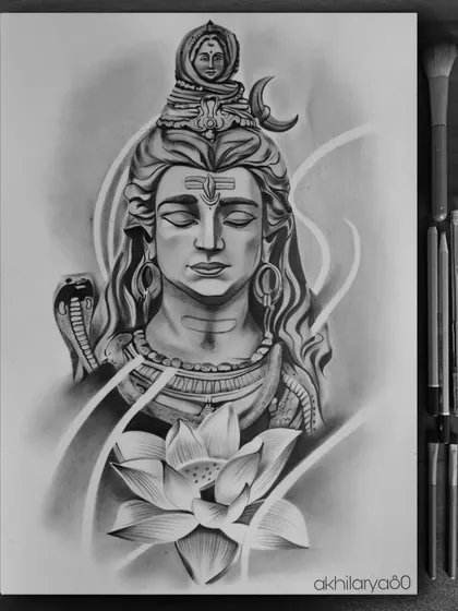 A meditative portrait of Lord Shiva with a lotus flower, drawn with graphite pencils on ivory sheet. This artwork is perfect for creating a serene and spiritual atmosphere.
