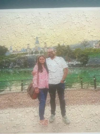 A creative jigsaw puzzle photo of Harsh and Priyanka, symbolizing how they found the missing piece in each other. Their story highlights how our platform helps put life's pieces together perfectly.