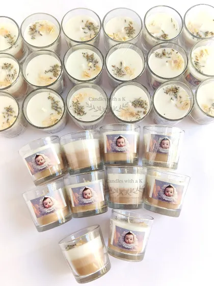 The full order of 25 layered candles for the Baptism, showing the lavender and lemongrass toppings.