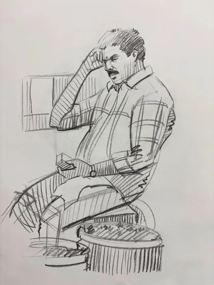 A sketch of a man in a thoughtful pose, seated and looking away.