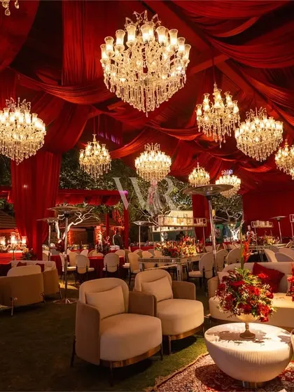 We transformed this space into a royal darbar for a soulful Sufi night. Draping the ceiling in deep crimson fabric and hanging dozens of crystal chandeliers created an atmosphere of intimate opulence, perfect for an evening of mystical music and celebration.