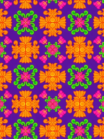 This pattern has a festive, "pandal" vibe for me. The bright orange and pink against the deep purple background reminds me of the vibrant decorations during Indian festivals.