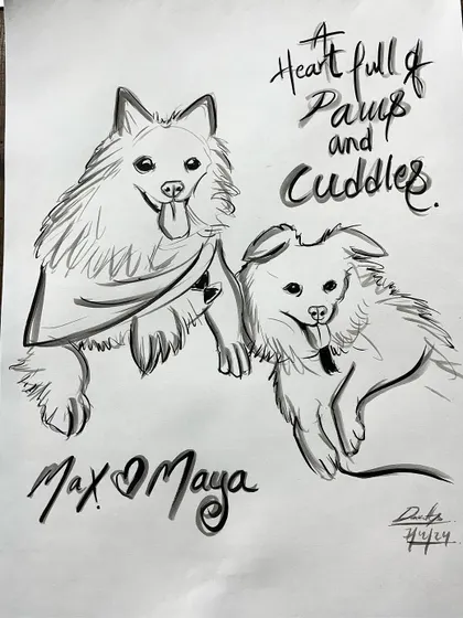 Don't forget your furry family members. This portrait of Max and Maya shows how I can capture the adorable personalities of your pets in a custom sketch.