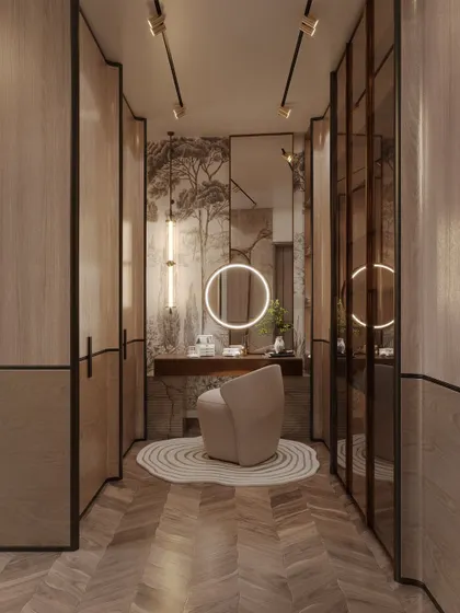 A walk-in wardrobe and vanity area within a master suite. The render highlights the seamless transition, the herringbone wood floor, and the nature-inspired wallpaper.