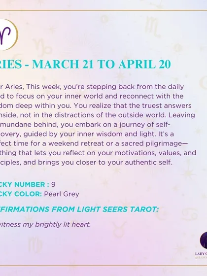 This week's tarot reading for Aries is about reconnecting with your inner world. It's a perfect time for self-discovery and a journey inward to find the truest answers that lie within.