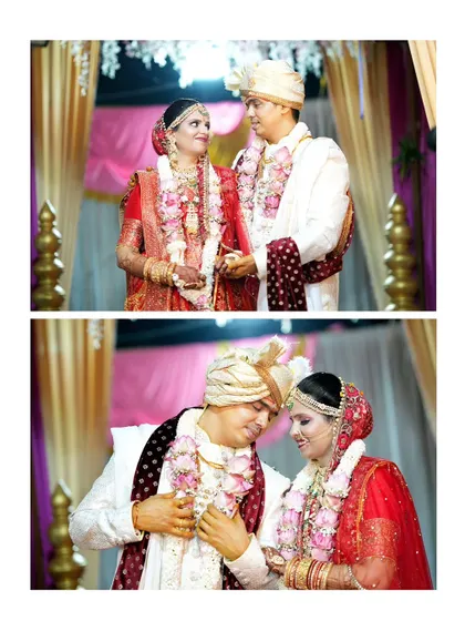 A collage of two classic wedding moments. The top image shows the couple looking at each other, while the bottom captures a more intimate, tender interaction.