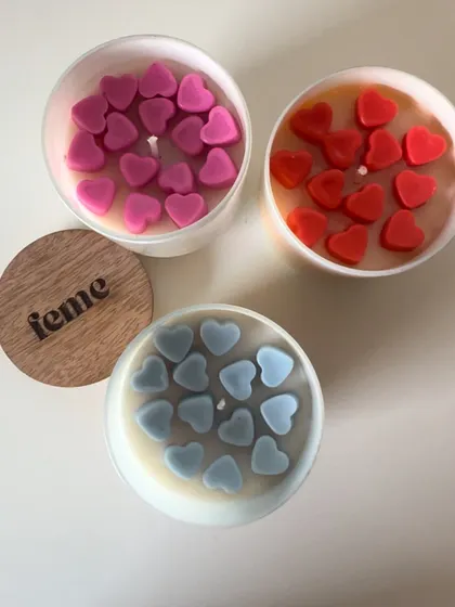 Our jar candles filled with colorful heart melts are a Valentine's favorite. You can choose your own color combination.