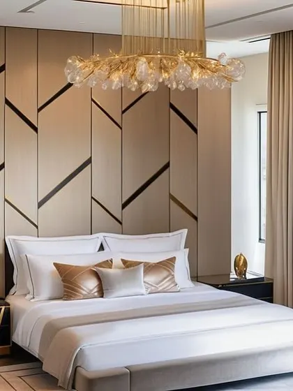 A render of an alternate master bedroom concept, featuring a bold, geometric paneled wall with black and gold inlays.