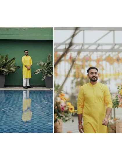A diptych of the groom at his Haldi ceremony, posing by the pool and walking through the decorated venue.
