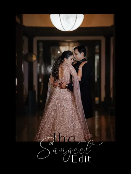 An elegant portrait with "The Sangeet Edit" text, perfect for sharing a sneak peek of the glamorous evening.