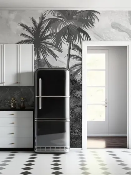 A monochrome tropical mural adds a touch of sophistication to this retro-modern kitchen.