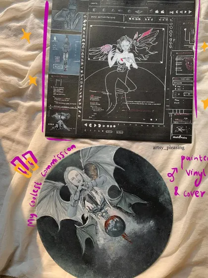 My coolest commission yet. I painted a custom design on a vinyl record and its cover for the artist Grimes.