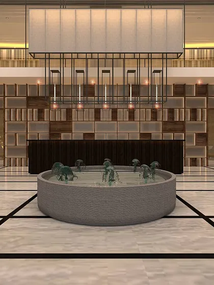 This render details the reception desk and background shelving unit. The combination of materials and symmetrical design creates a balanced and professional welcome for a corporate environment.