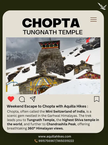 A quick info-card about the Chopta-Tungnath trek, often called the 'Mini Switzerland of India'. It leads to the highest Shiva temple and offers stunning 360-degree Himalayan views.