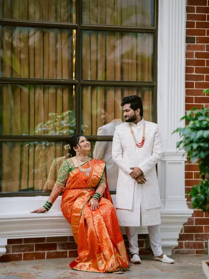 A relaxed portrait of Prerna and Ajinkya, capturing a quiet moment during their wedding day.