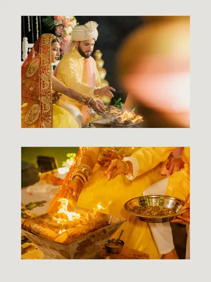Close-up shots of the couple participating in the havan or sacred fire ritual during their Hindu wedding ceremony.
