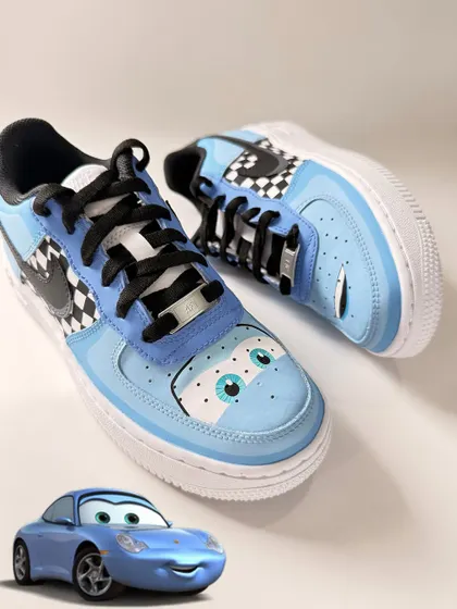 The matching blue pair is inspired by Sally Carrera from "Cars." I painted her cute eyes on the toe box and kept the design clean and stylish.