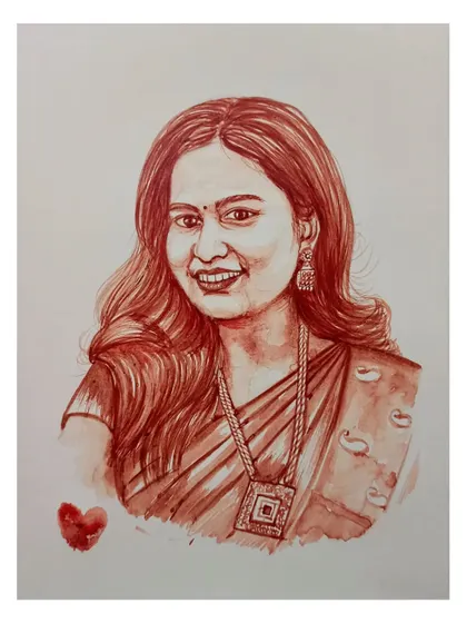 A finished blood portrait of a woman, with a small heart painted in blood at the bottom for a personal touch.