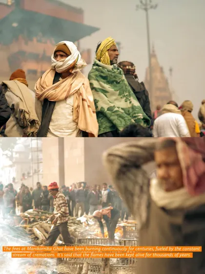 This series of images with text overlays explains the beliefs surrounding Manikarnika Ghat. They detail the path to liberation (moksha), the eternal flames, and Lord Shiva's role in guiding souls.