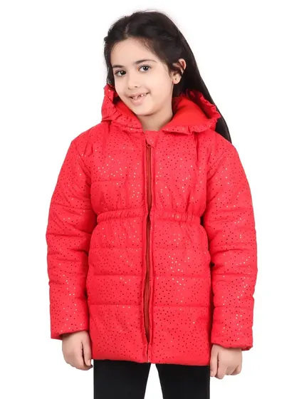A smiling, happy shot helps customers connect with the product. This photo of a child model in a red winter jacket provides a friendly and positive image for an e-commerce listing.