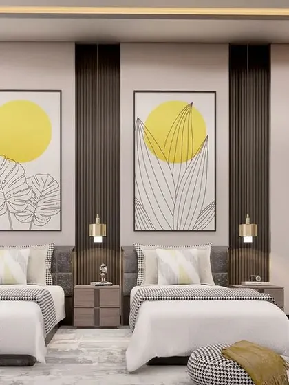 A stylish guest bedroom with two single beds, perfect for hosting visitors. The symmetrical design features matching artwork and pendant lights, creating a balanced and hotel-like feel.