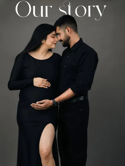 Titled 'Our Story', this image shows the couple in an intimate forehead-to-forehead pose. It's a romantic and classic shot that speaks of their shared journey.