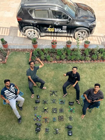 A group photo with the crew and our entire fleet of drones during the "100 Days of Flying" road trip across North India. This project is all about collaboration and community.