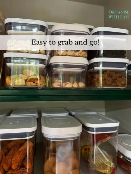 These clear, airtight containers are perfect for storing dry snacks like nuts and crackers. They are easy to grab, stackable to save space, and keep food fresh for longer.