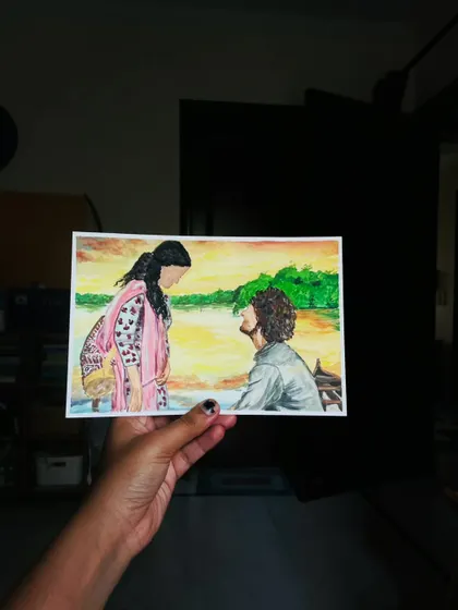 "Uyiril Thodum..." (The finger that touches the soul). This painting from 'Kumbalangi Nights' captures a moment of transformation. The film is a symphony of raw humanity, and this piece reflects its journey of healing and redemption.