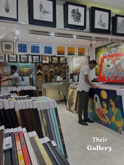 A look inside our gallery, bustling with a wide variety of original contemporary Indian art and custom framing options.