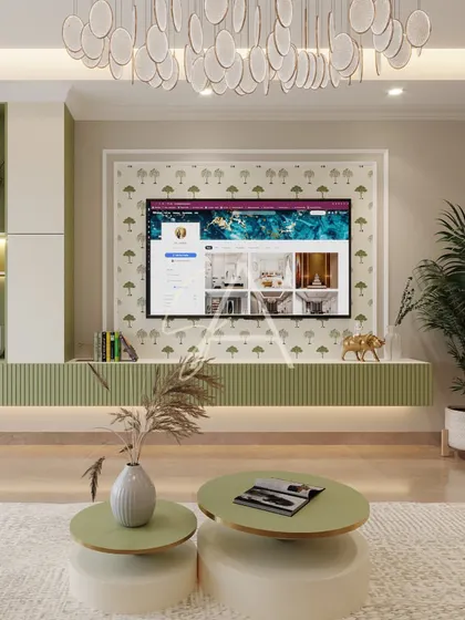A close-up of the media unit, which features a custom wallpaper and a floating console in a soft green. The design is clean, modern, and personalized.
