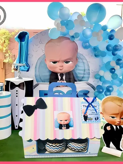 My Boss Baby themed hampers are perfect as return gifts for a first birthday party. This setup shows how the themed boxes can be a part of the party decor.